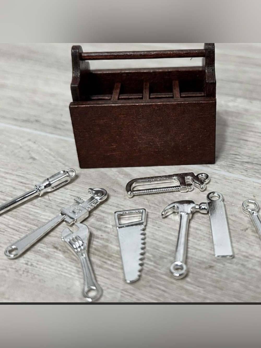 Miniature wooden toolbox and tools trinket